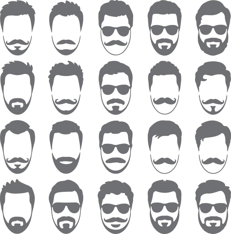Twenty Grey Silhouette Icons of Men with Various Hairstyles Mustaches and Beards Some Wearing Sunglasses vector