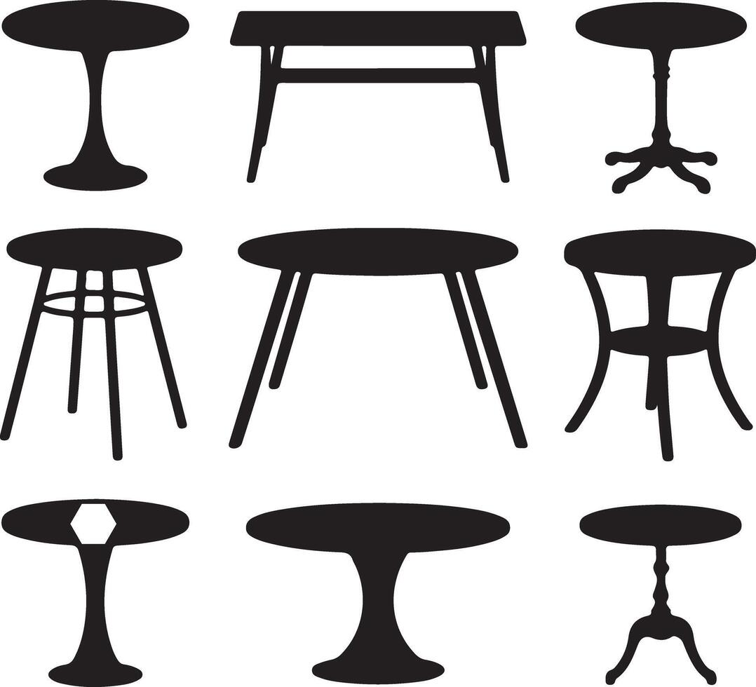 Nine Black Silhouette Table Designs Round Coffee Tables Side Tables Dining Tables Various Styles and Shapes Home Furniture Set vector