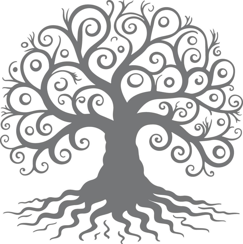 Grey stylized tree silhouette with swirling branches and wavy roots intricate design element nature motif decorative graphic vector