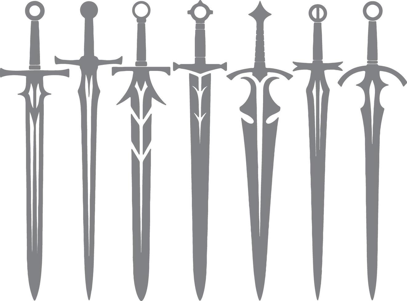 Seven Gray Silhouette Swords Medieval Fantasy Weaponry Collection Various Designs Blades Hilt Game Asset vector