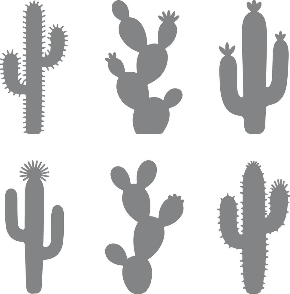 Six Gray Cactus Silhouette Illustrations Desert Plants Botanical Icons Set Simple Flat Design Gray Scale Graphics vector