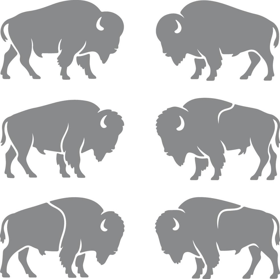 Six Grey Bison Silhouettes Different Poses American Buffalo Animal Wildlife Set Graphic Design Elements vector