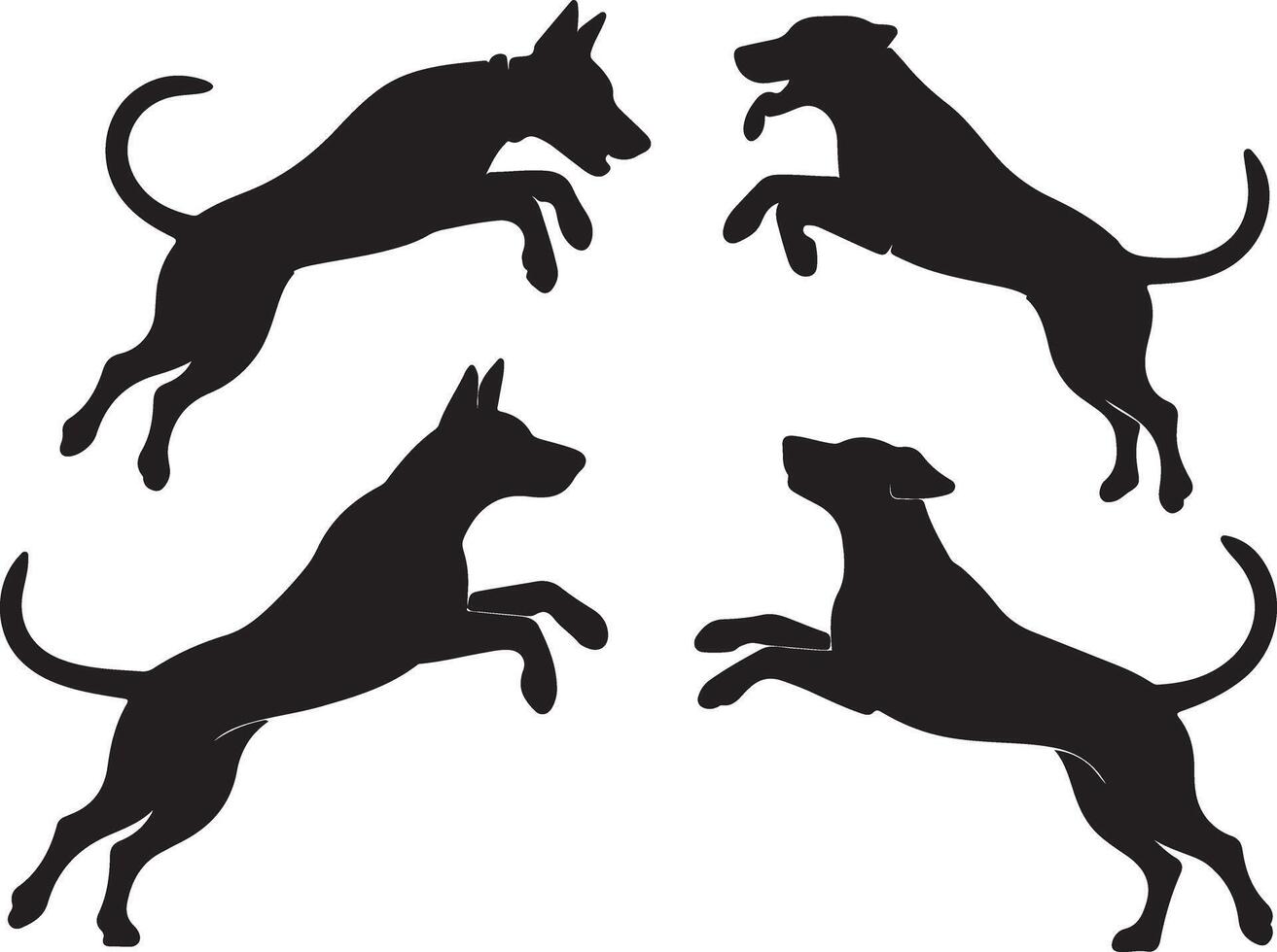Four Black Dog Silhouettes Leaping Dynamically Against White Background Canine Action Poses Illustration vector