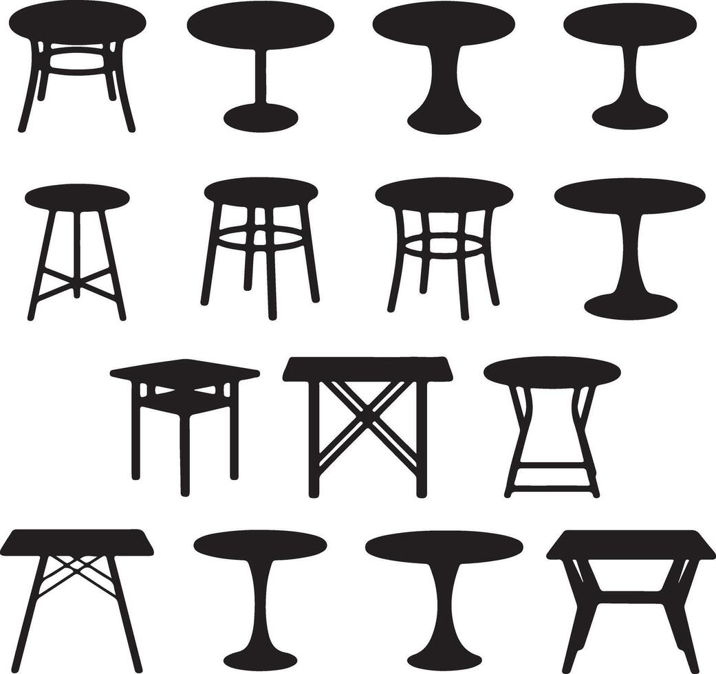 Collection of Black Silhouette Table Designs Various Shapes and Styles Round Square Rectangular Coffee Tables Side Tables vector