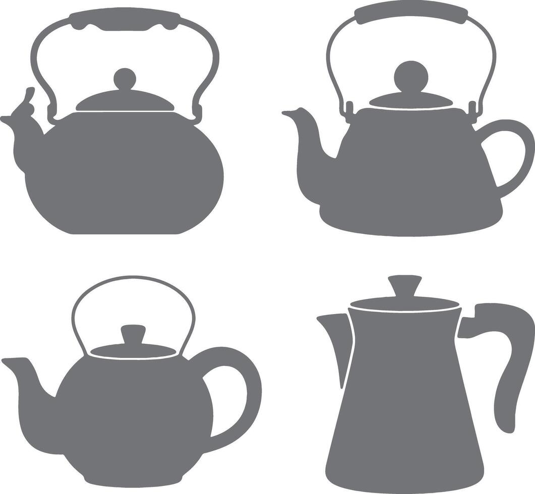 Four Gray Kettle Silhouettes Teapot Coffee Pot Icon Set Simple Kitchenware Design Elements vector