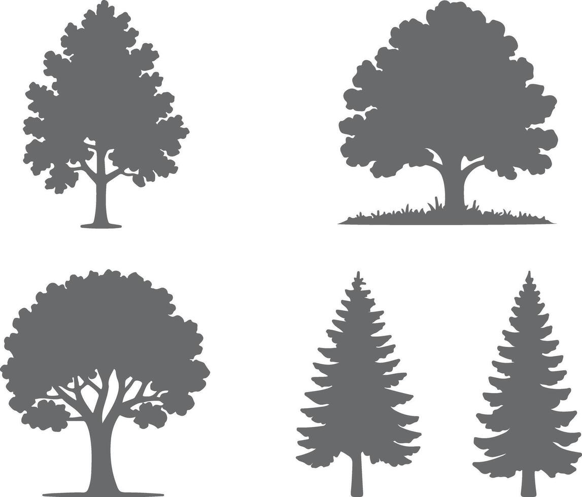 Four Gray Tree Silhouettes Set Deciduous Trees Evergreen Trees Nature Icons Graphic Design Elements Simple Flat Style Illustrations vector