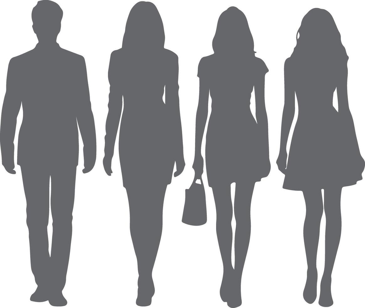 Four Gray Silhouettes Walking a Man in a Suit and Three Women in Dresses One Carrying a Handbag vector