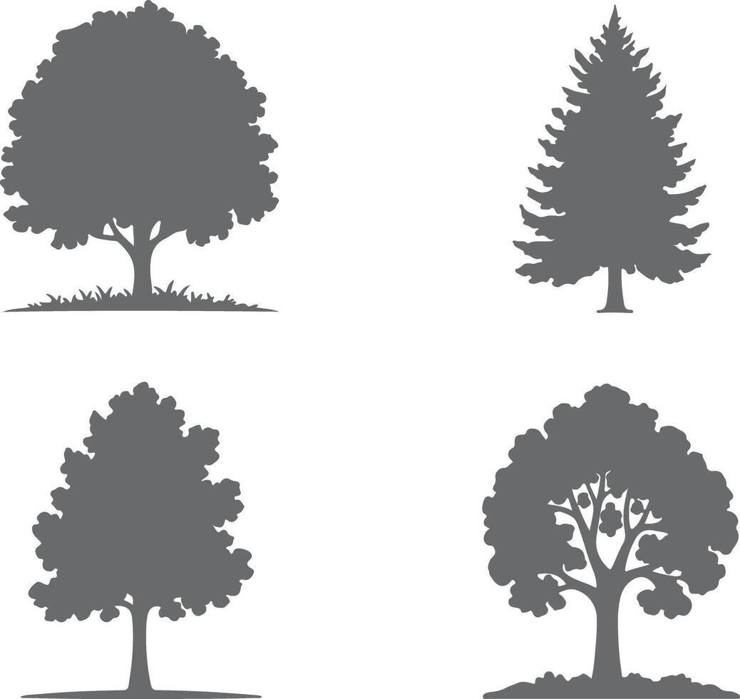Four Grey Tree Silhouettes on White Background Deciduous Trees Coniferous Tree Simple Nature Icons Graphic Design Elements vector