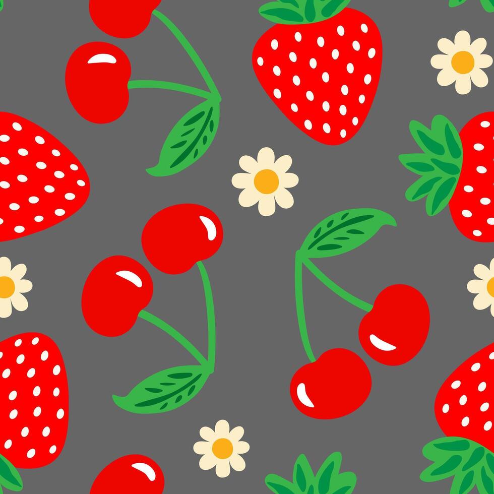 strawberry cherry and flowers seamless pattern grey background sweet fruit and floral design for textiles fashion web decor vector