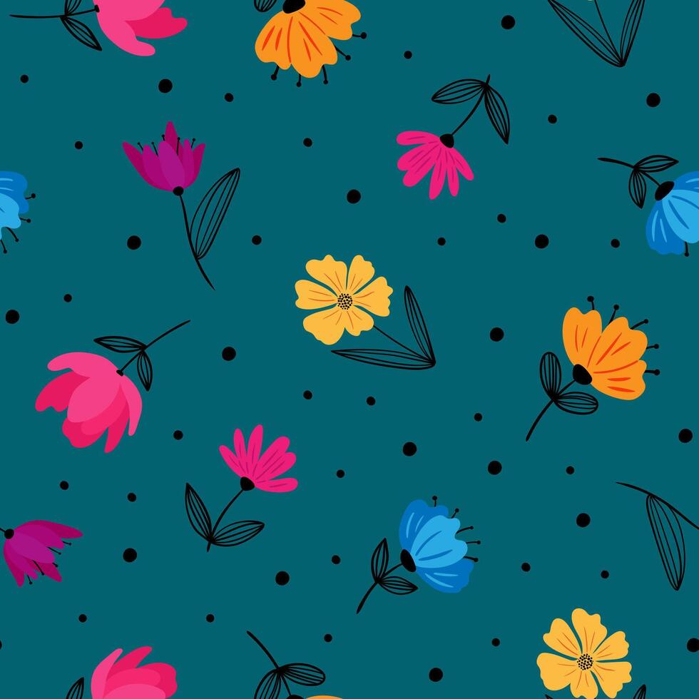 trendy seamless botanical pattern abstract flower illustration with black line leaves and bright petals on emerald minimalist spring summer vibe vector