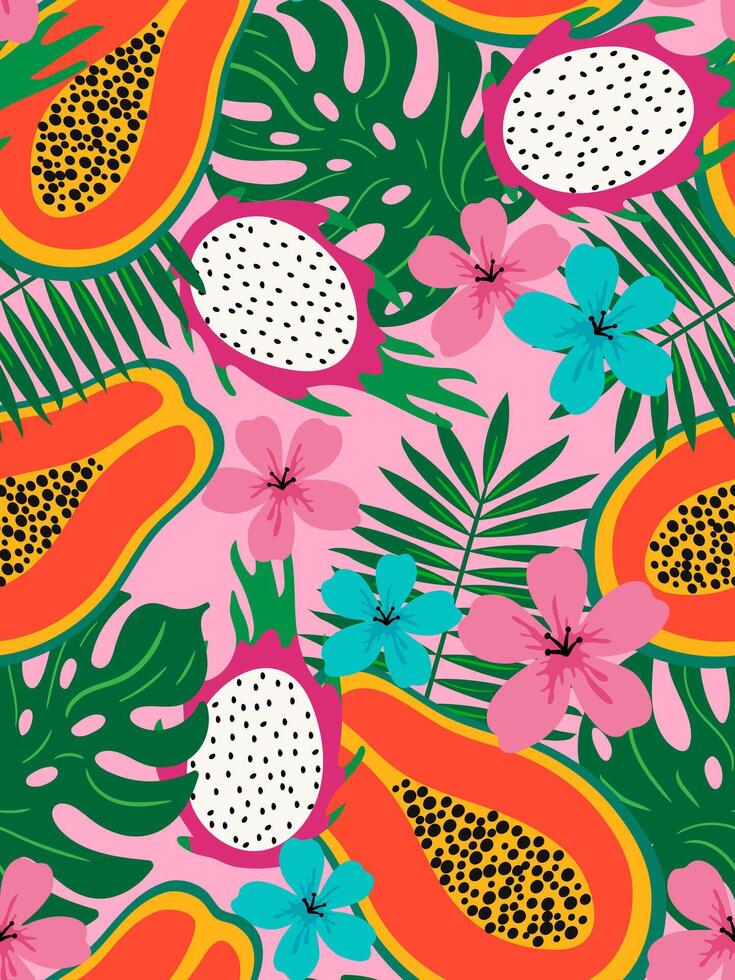 tropical fruit seamless pattern with papaya, dragon fruit, palm leaves and flowers on pink background for summer textile, wrapping paper, fabric and decor vector
