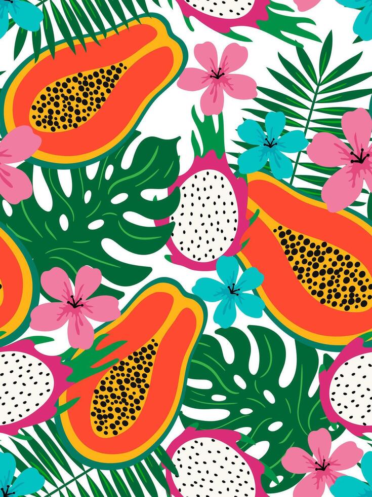 seamless exotic fruit and floral pattern with papaya, pitaya, green leaves and hibiscus flowers on white for summer design, wallpaper, textile print vector