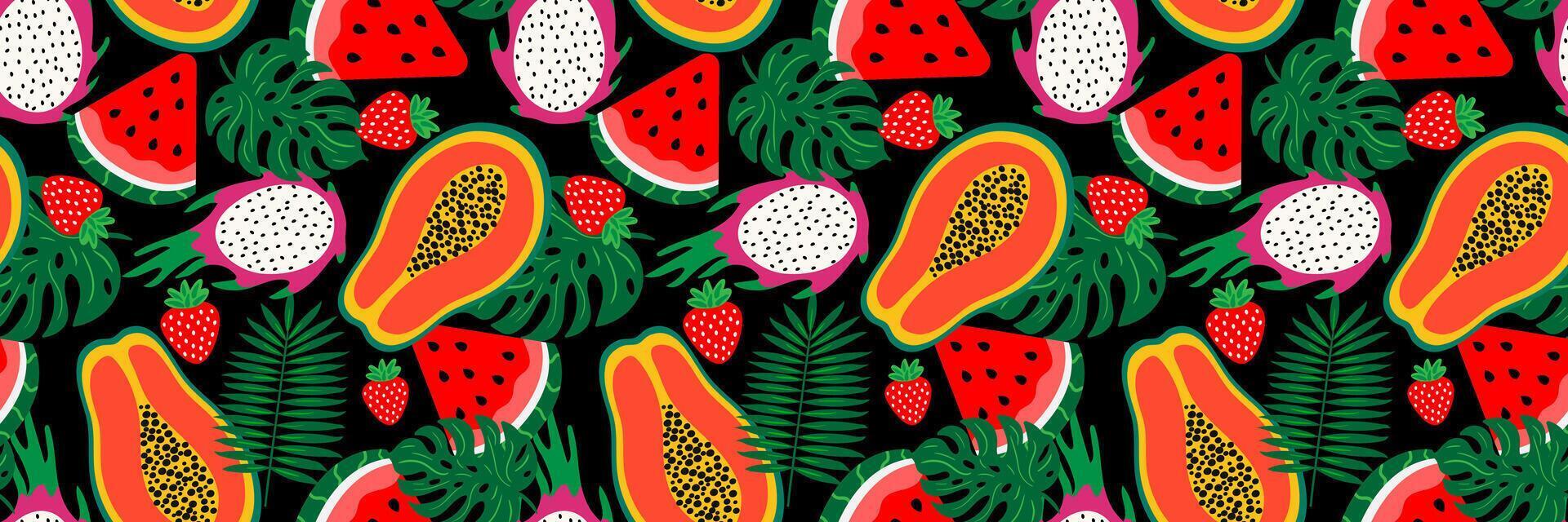 seamless tropical fruit pattern with papaya, dragon fruit, watermelon, strawberry and palm leaves on black background for summer textile, wrapping and decor vector