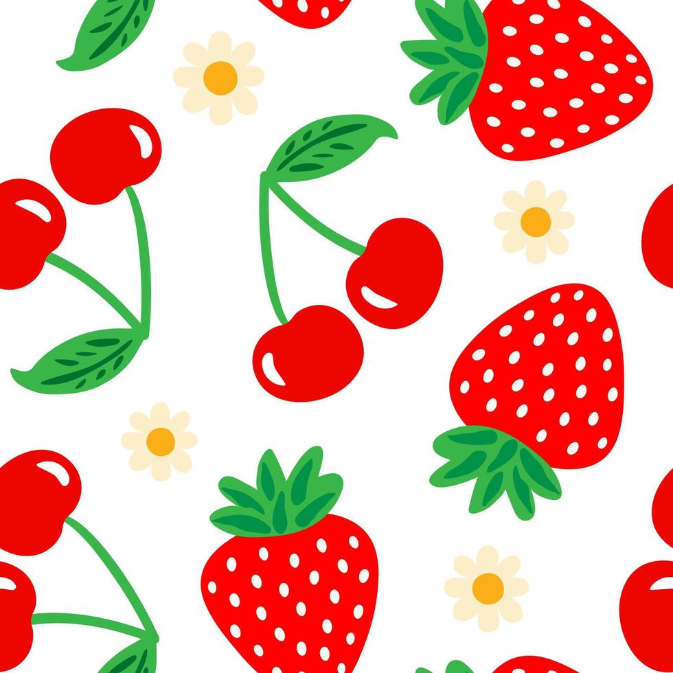 cute summer berries and daisies repeating print cheerful garden illustration for children's fashion and decor white background rustic vector