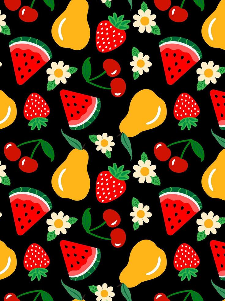 fresh garden harvest endless tileable backdrop charming playful design for kitchen goods and party supplies berries and fruit flowers seamless pattern vector