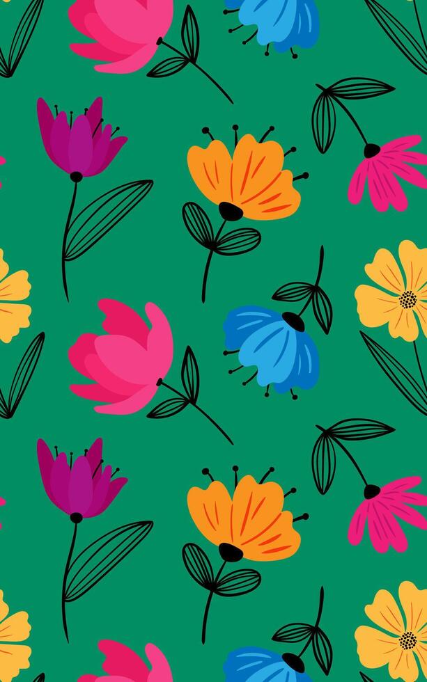 eamless floral pattern with abstract modern flowers green background colorful minimal design with hand drawn petals and linear leaves vector