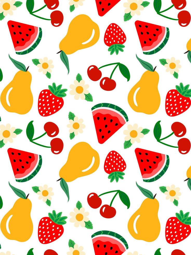 summer fruit and flowers seamless pattern bright watermelon strawberry pear and cherry design for textiles fashion web decor white background vector