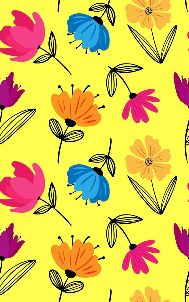 seamless trendy floral pattern abstract modern flowers yellow background colorful minimalist design hand drawn petals linear leaves web design vector