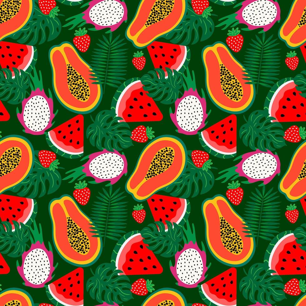 vibrant seamless pattern with exotic fruits like papaya, dragon fruit, watermelon, strawberry and monstera leaves on dark green background for summer design vector