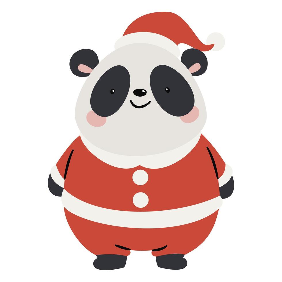 Cute panda in santa claus costume. Flat illustration on white background in simple child style vector