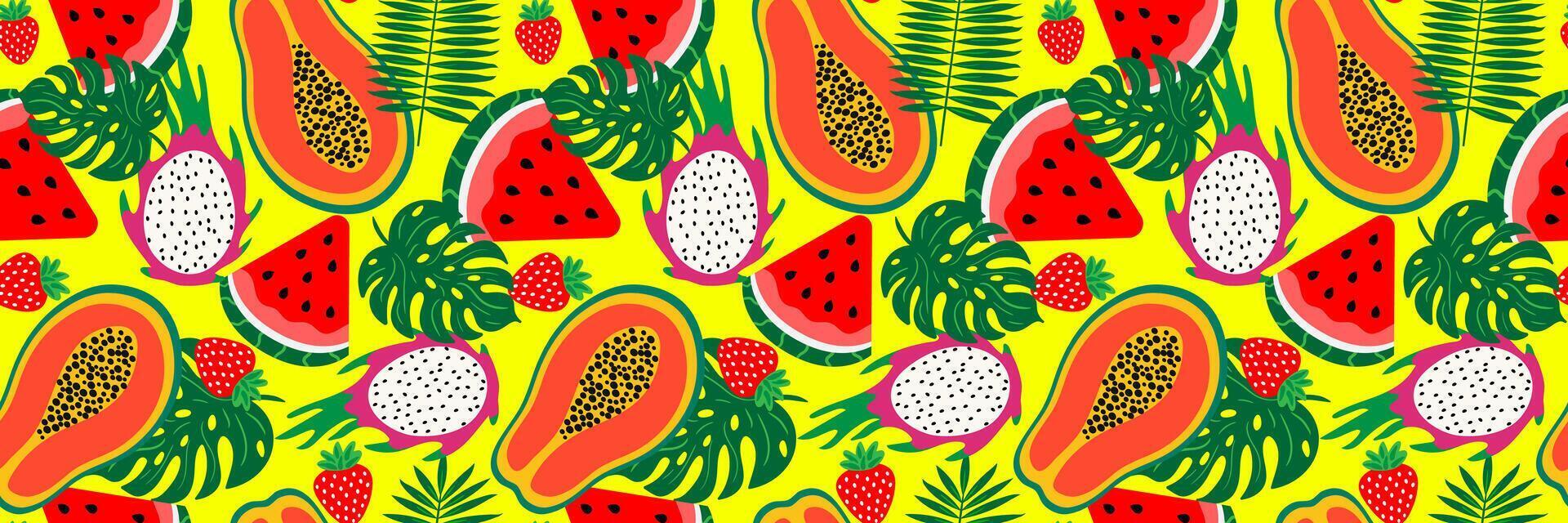 seamless tropical fruit pattern with papaya, dragon fruit, watermelon, strawberry and palm leaves on yellow background for summer textile and surface design vector