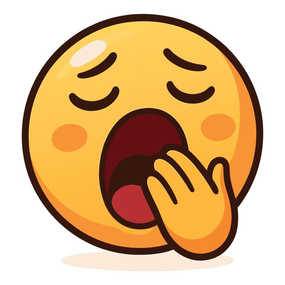 Colorful Yawning Face Emoji Illustration with Closed Eyes and Hand Covering Mouth, Expressing Sleepiness and Boredom, Cartoon Style on White Background vector