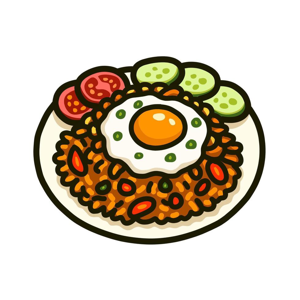 Nasi Goreng Cartoon Illustration with Fried Egg, Tomato, and Cucumber vector