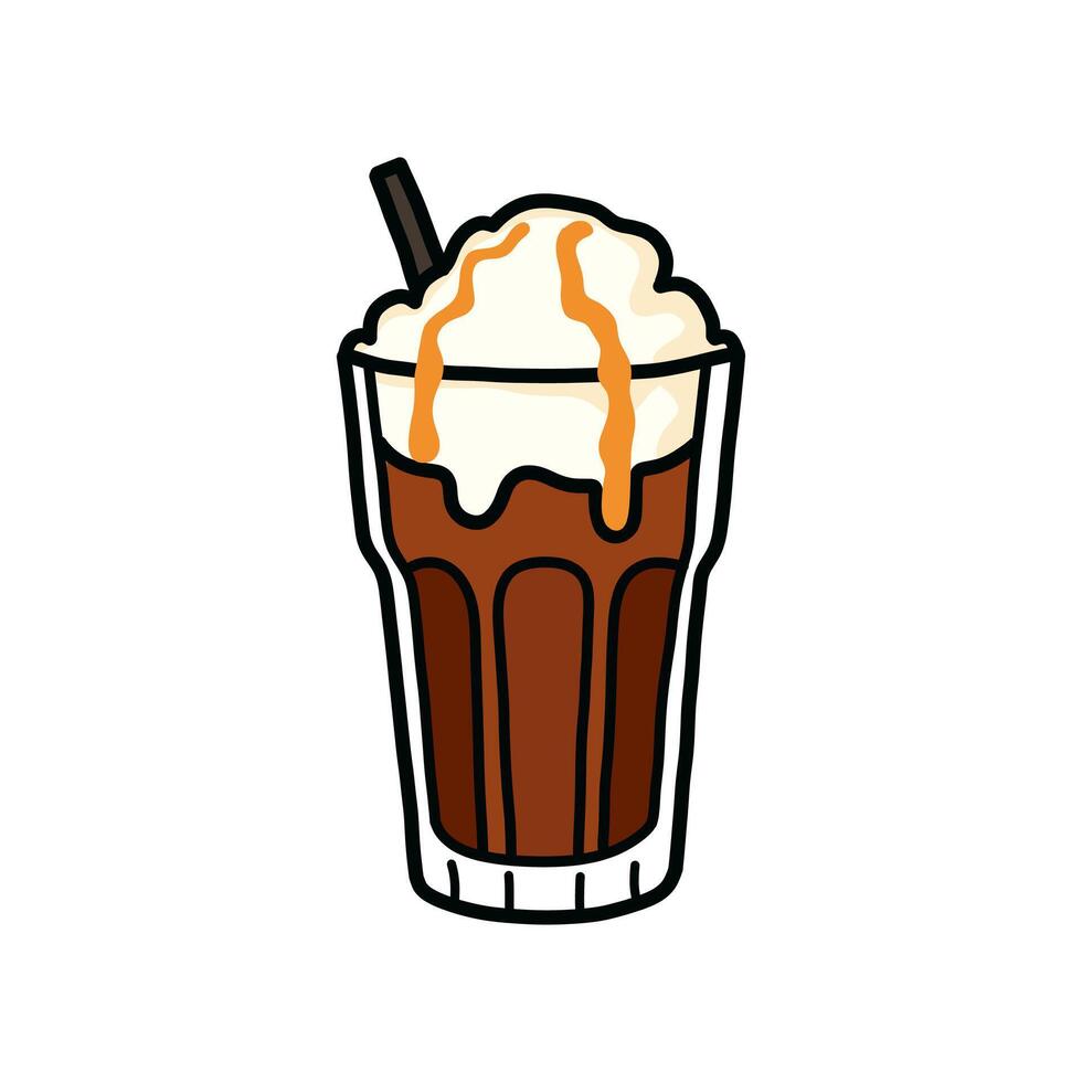 Iced Coffee with Whipped Cream and Caramel Drizzle Illustration vector
