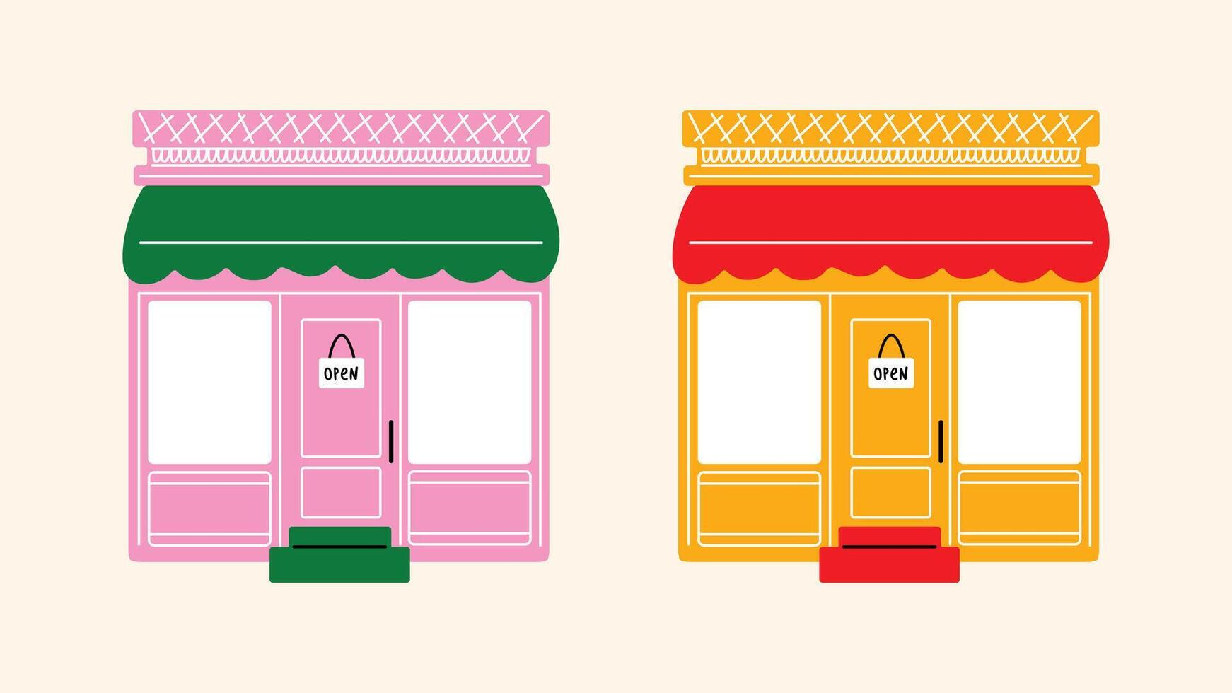 Confectionery street fair stalls Cartoon illustration of candy market booths. Sweet shops with cakes, cookies, and colorful pastries. Fun and bright design for posters, stickers, or kids' projects. vector