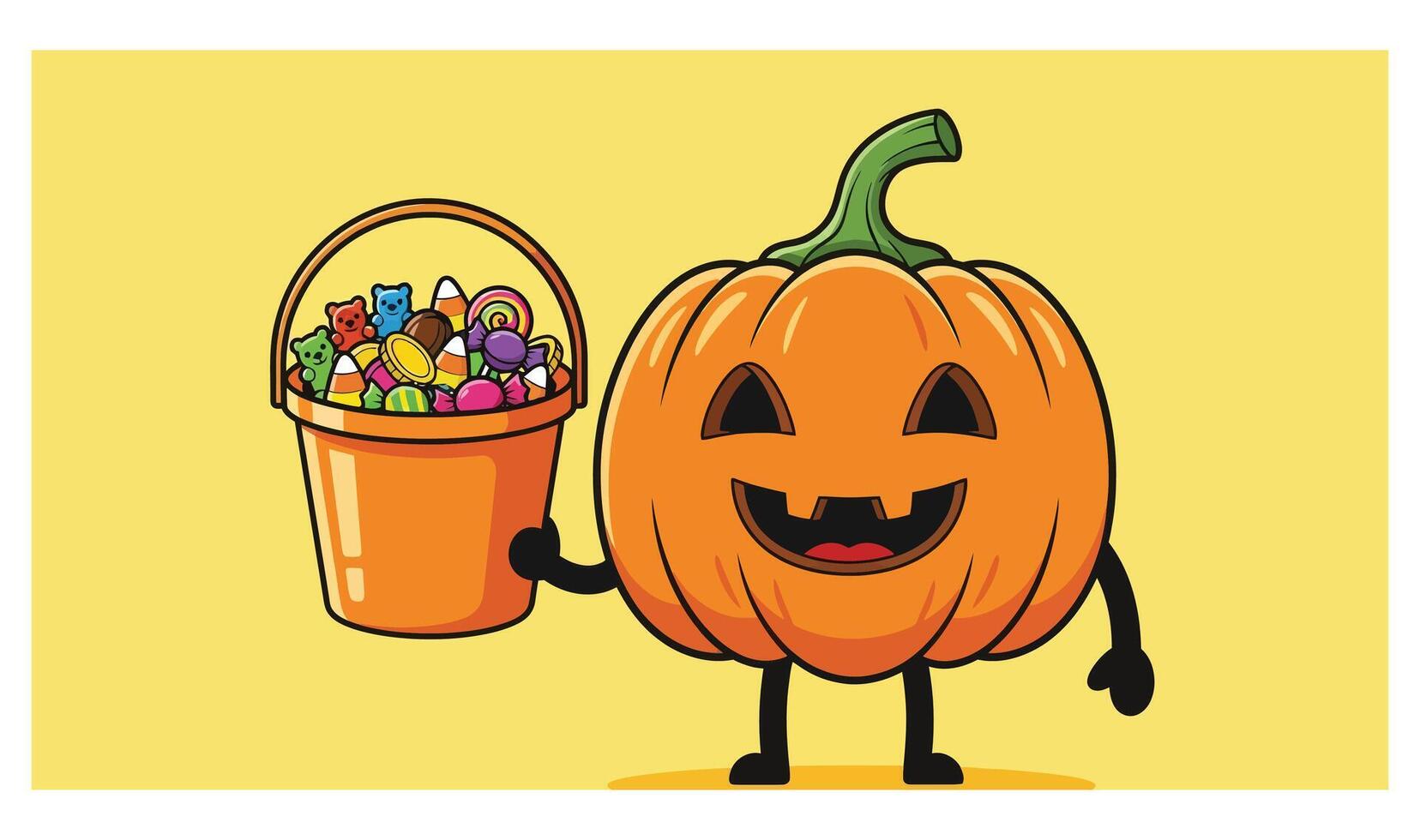 Cartoon Pumpkin Character Holding Bucket Full of Halloween Candies on Yellow Background vector