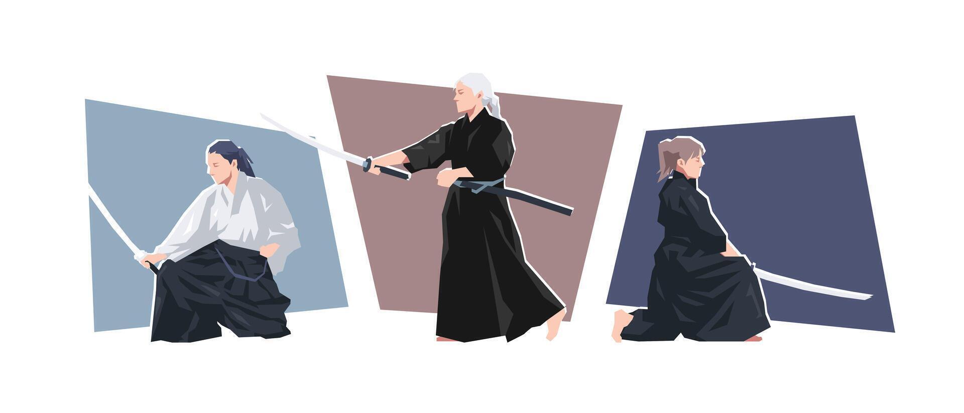 Set of female iaido character. Dynamic pose. Sport, martial arts. Cartoon flat illustration. vector