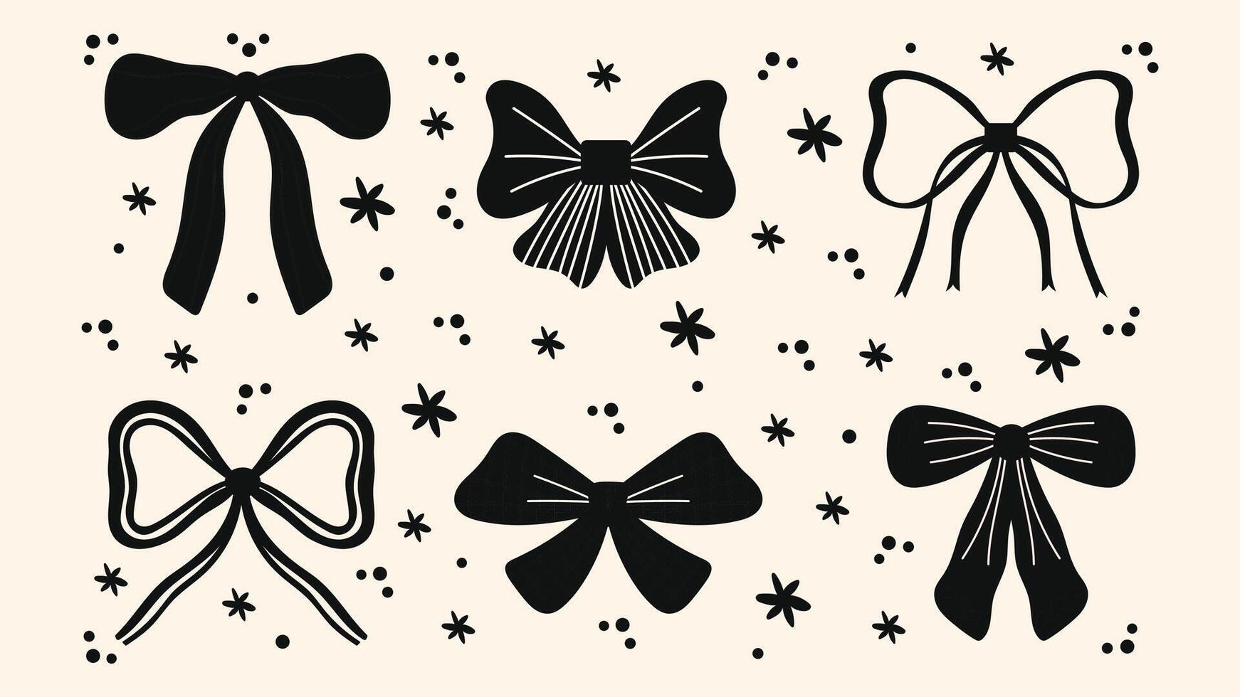 Set of black vintage girly bows. Cute trendy stickers in coquette style for fashion decoration, hair accessories, poster design, and playful graphics. vector