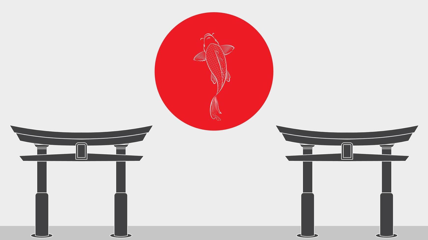 Minimalist Japanese Torii Gate and Koi Fish Illustration for Cultural Poster and Background vector