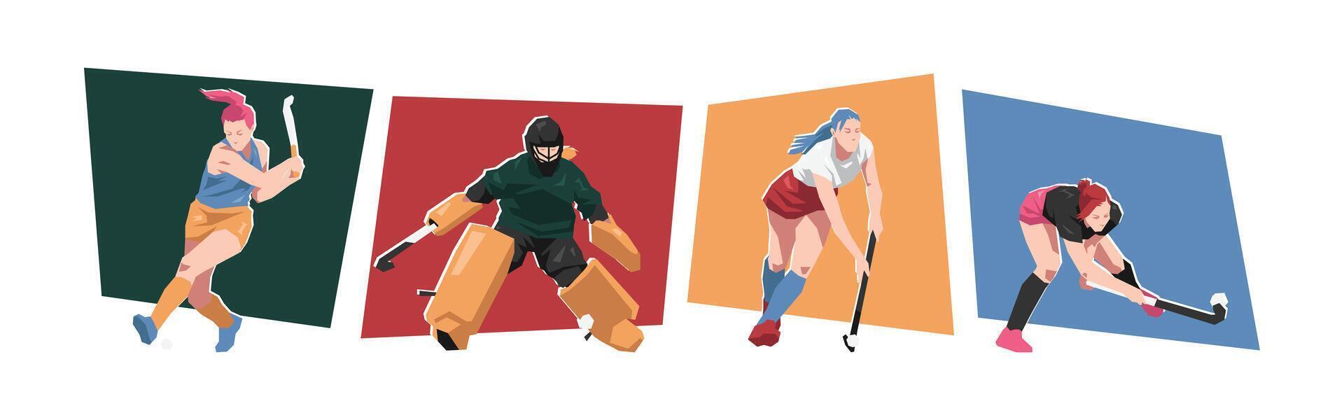 Set of female field hockey player character in action. Sport, activity. Flat cartoon illustration. vector