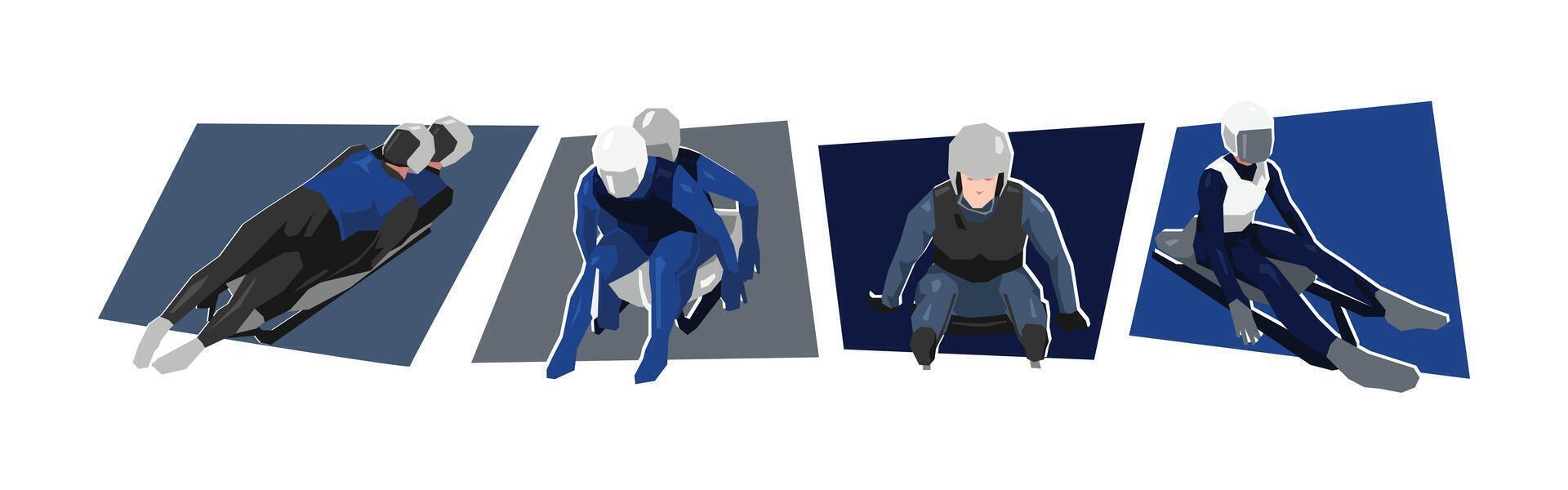 Set of luge athlete in action. Extreme sport, race. Flat cartoon illustration. vector