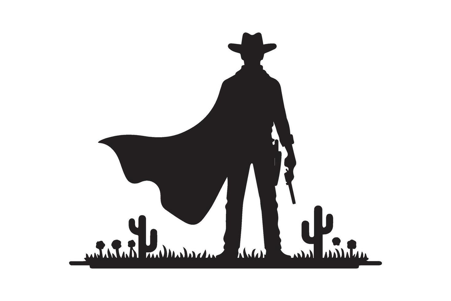 Minimalist cowboy holding gun silhouette on white background. vector