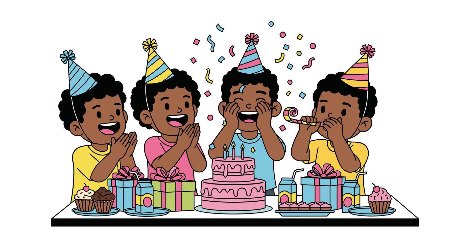 A Group of Children Celebrating a Birthday with Cake Gifts and Party Hats vector