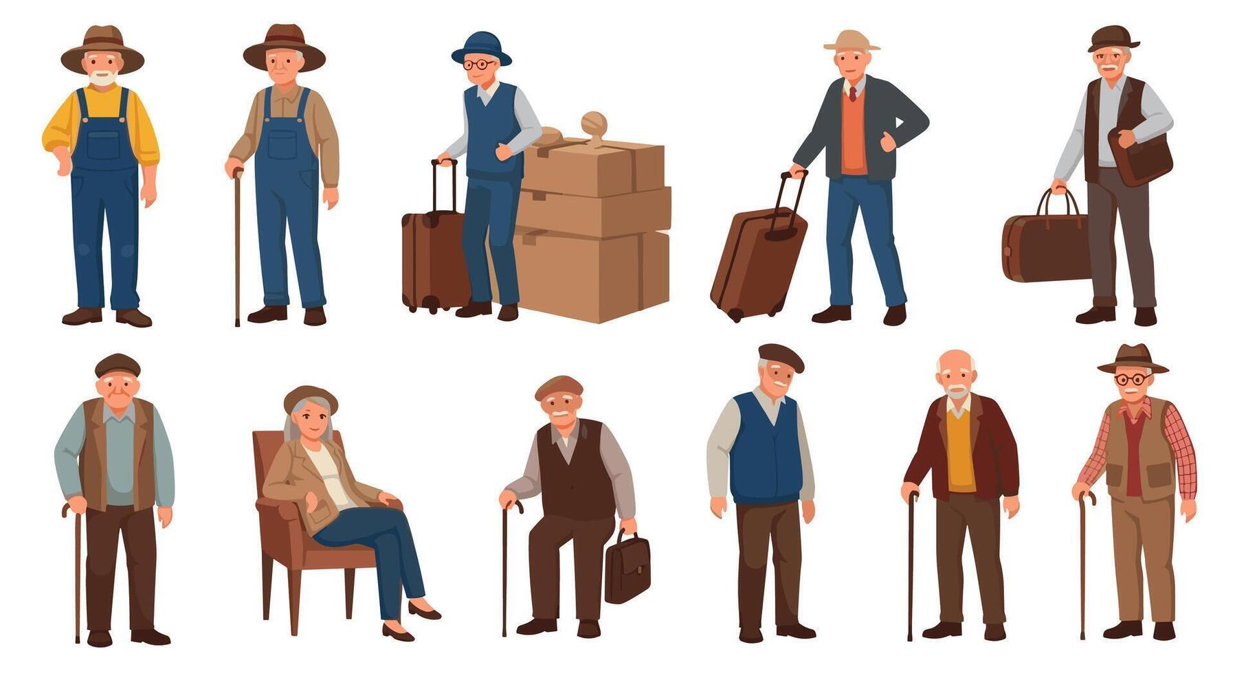 A Collection of Pixel Art Senior Citizens Showing a Variety of Everyday Scenarios vector