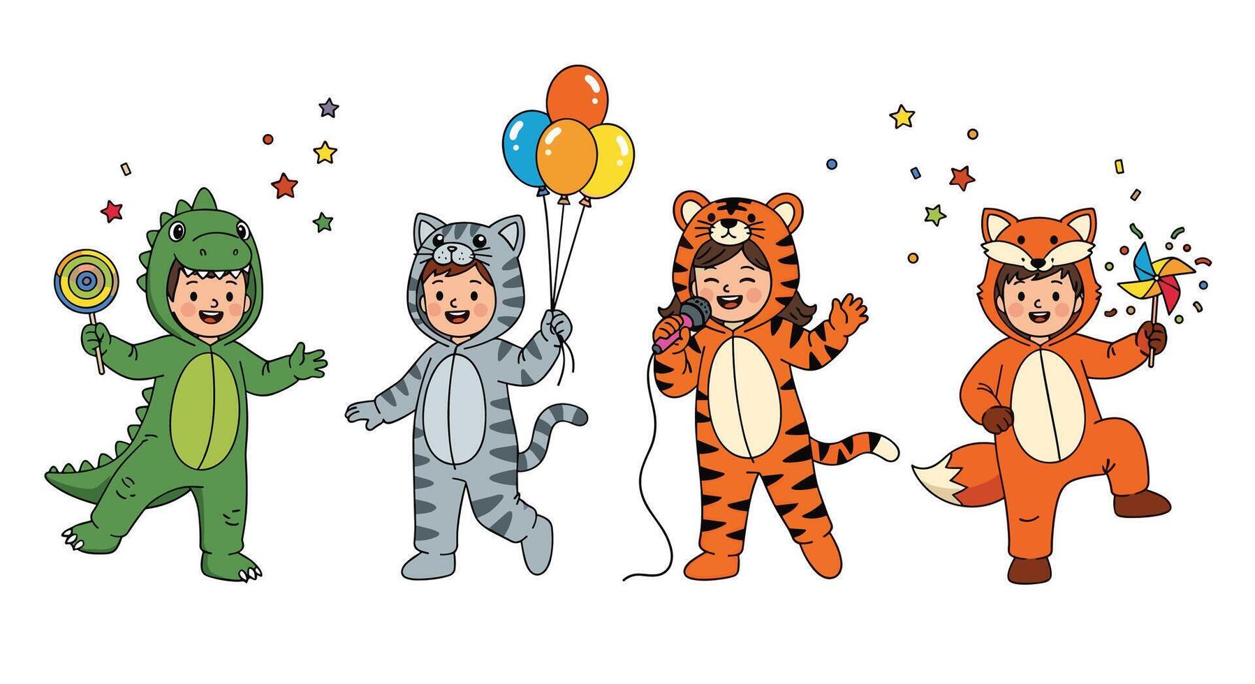 Kids Costumes for Halloween Fun and Imaginative Playtime with Dinosaur and Tiger vector
