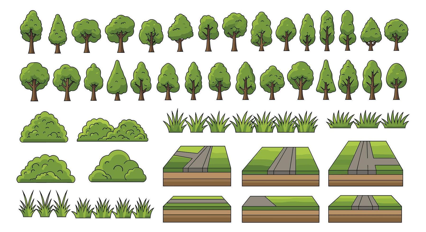 Pixel Art Game Assets A Collection of Trees Bushes Grass and Ground Tiles vector