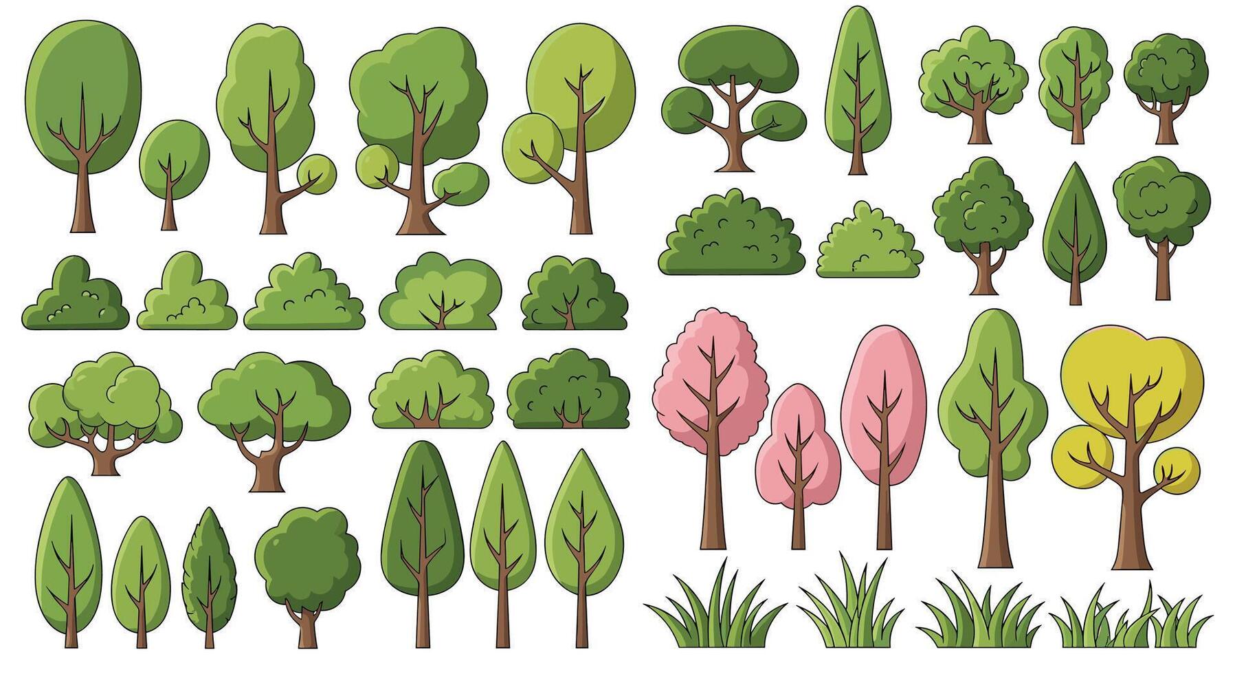A Diverse Selection Of Trees Bushes And Grass Rendered In A Pixel Art Style vector