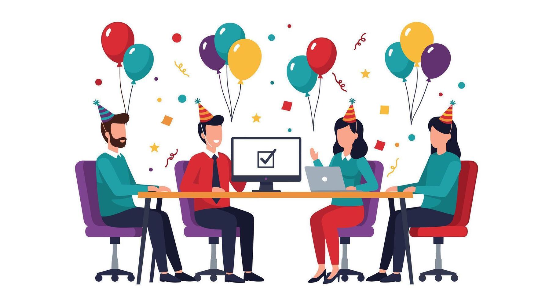 Celebrating Success Together Team Enjoying an Office Party Filled with Colorful Balloons and Confetti vector