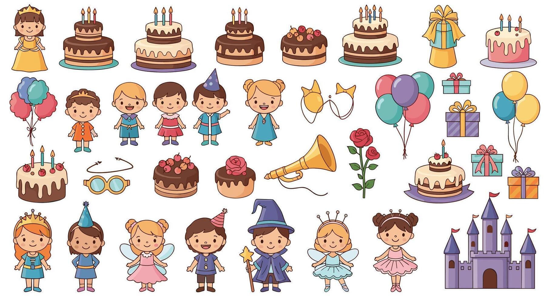 A Whimsical Pixel Art Celebration Featuring Cakes Children and Balloons in a Castle vector