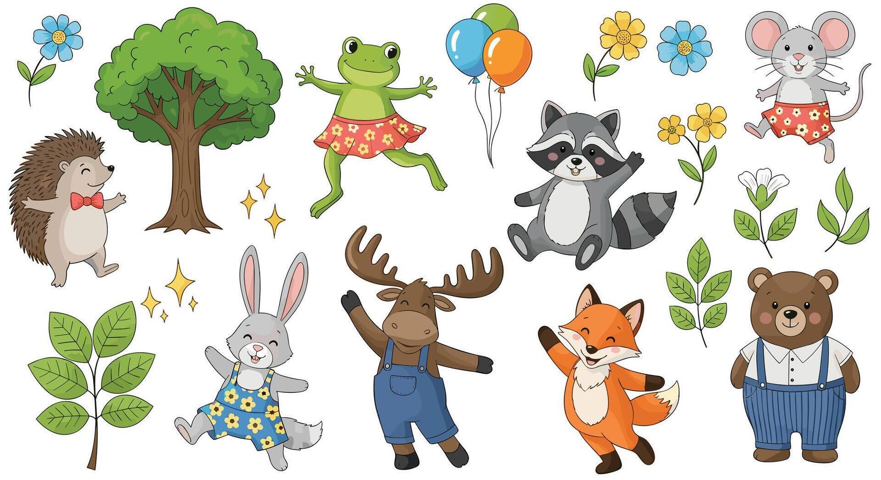 Cute Forest Animals Characters Isolated Set Illustration For Kids Design Background vector
