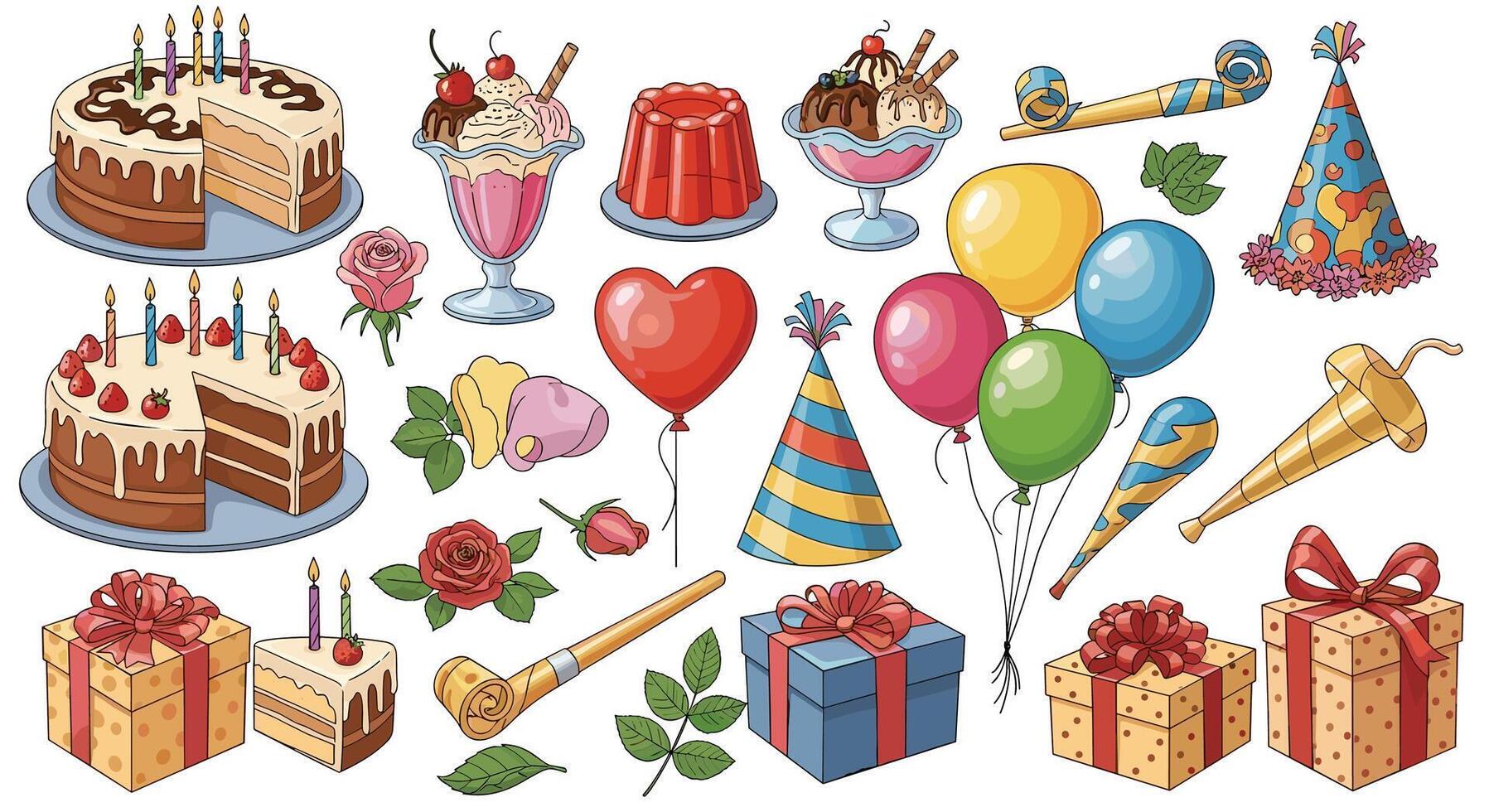Celebrating Special Occasions A Collection Of Cakes Presents Balloons And Festive Decorations vector