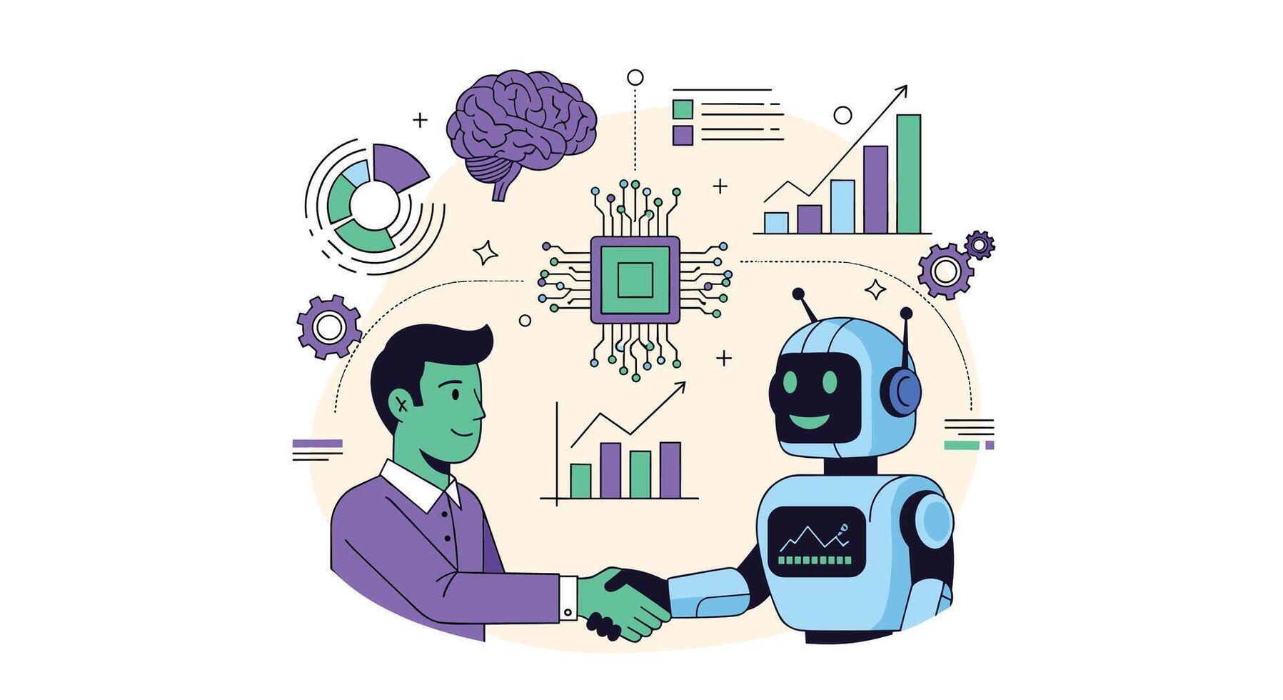 The Future of Work Human Collaboration with Artificial Intelligence Robots and Technology Solutions vector