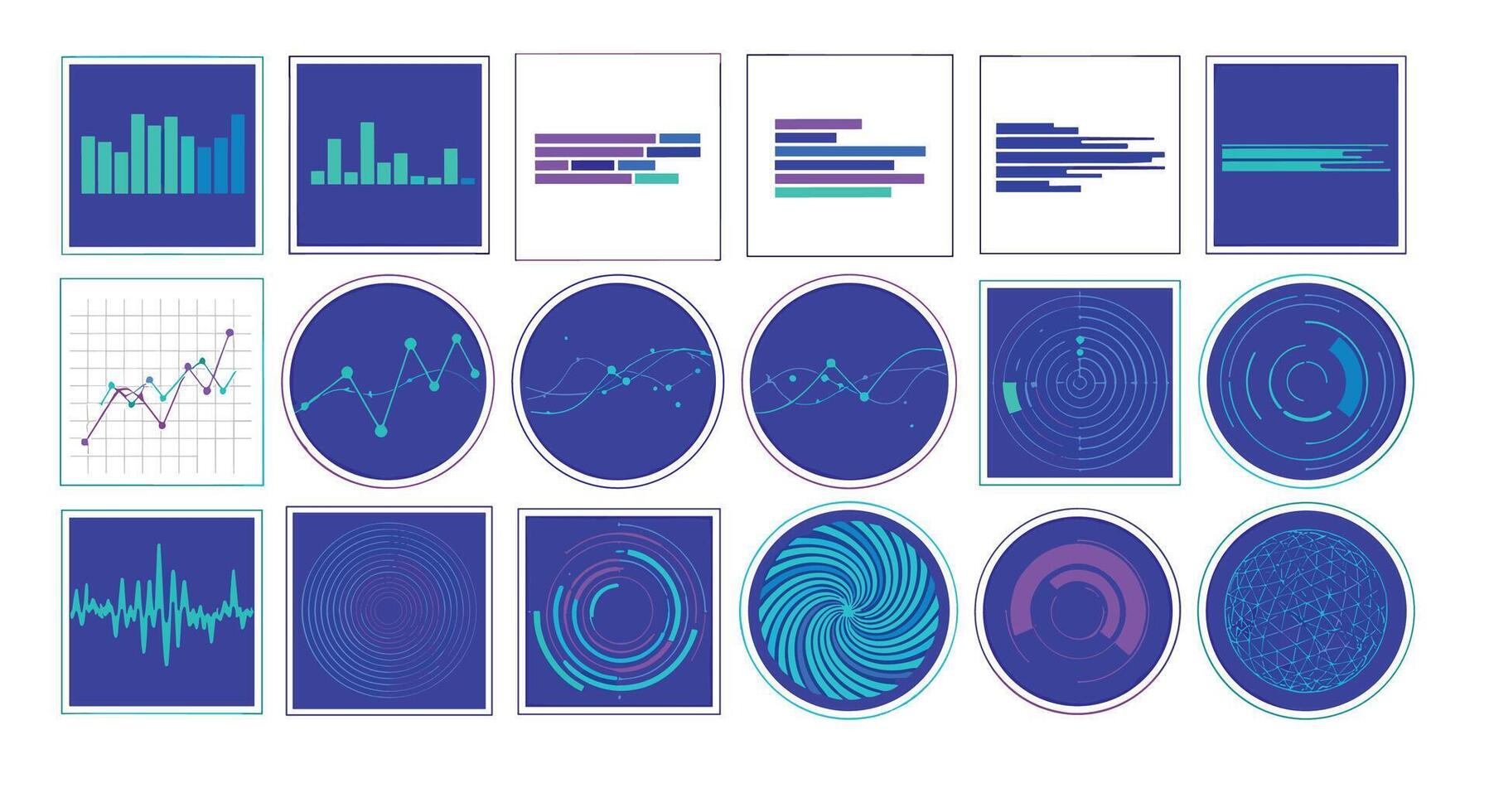 Abstract Data Visualization Art Featuring Bar Graphs Line Graphs and Circle Charts vector