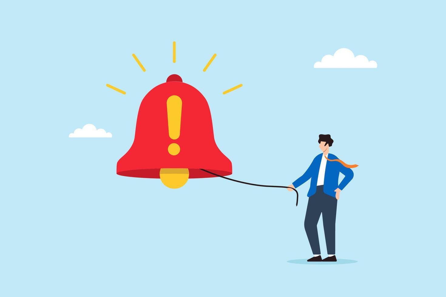 Flat illustration of businessman ringing giant alarm bell with exclamation symbol to signal emergency alert and draw public attention vector