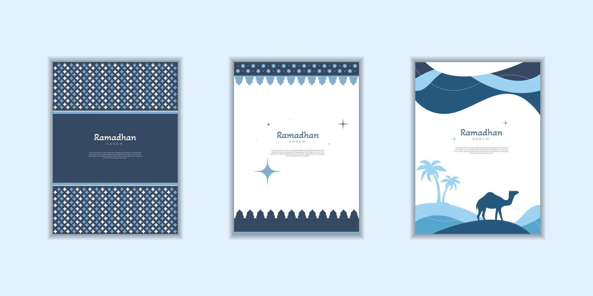 Ramadan Kareem poster, holiday cover set. Modern design with geometric pattern wit camel in desert vector