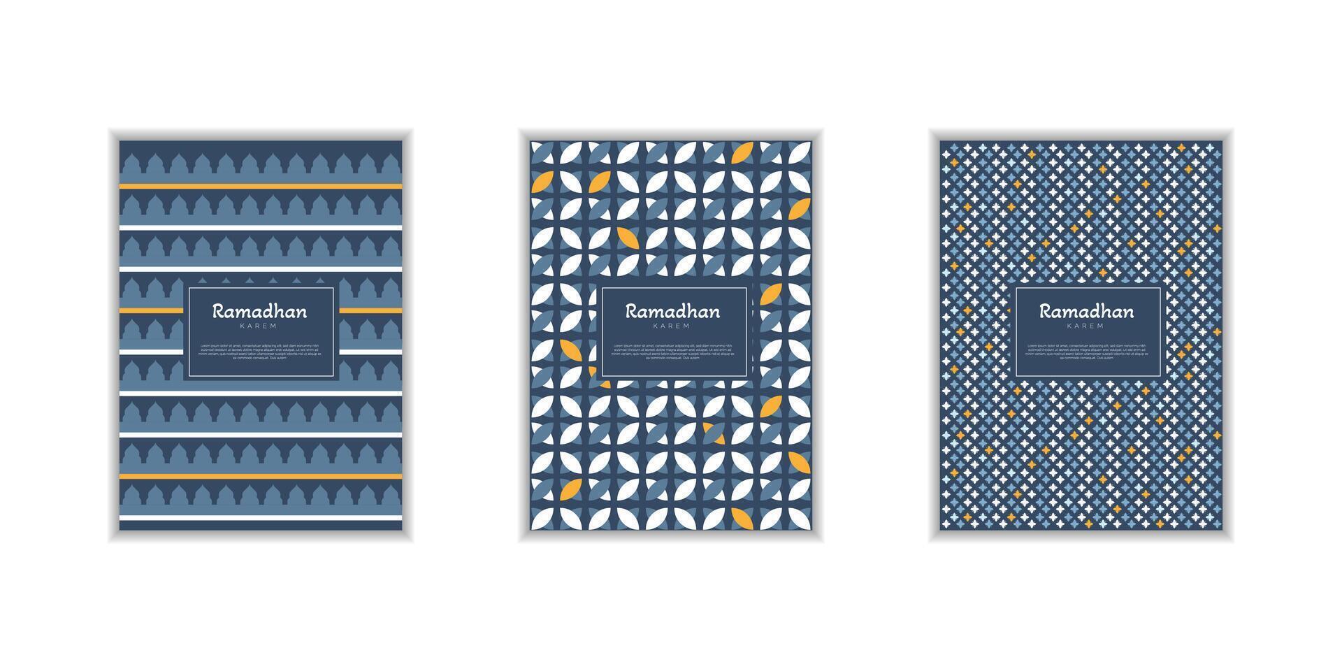 Ramadan Kareem poster, holiday cover set. Islamic greeting card, banner template. Arabic text mean Ramadan Kareem. Modern design with geometric pattern vector